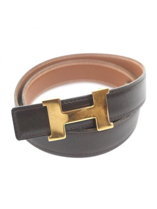 Hermes Vintage Martin Margiela Era Logo Gold Buckle Leather Belt Dark Brown 70 main image 5